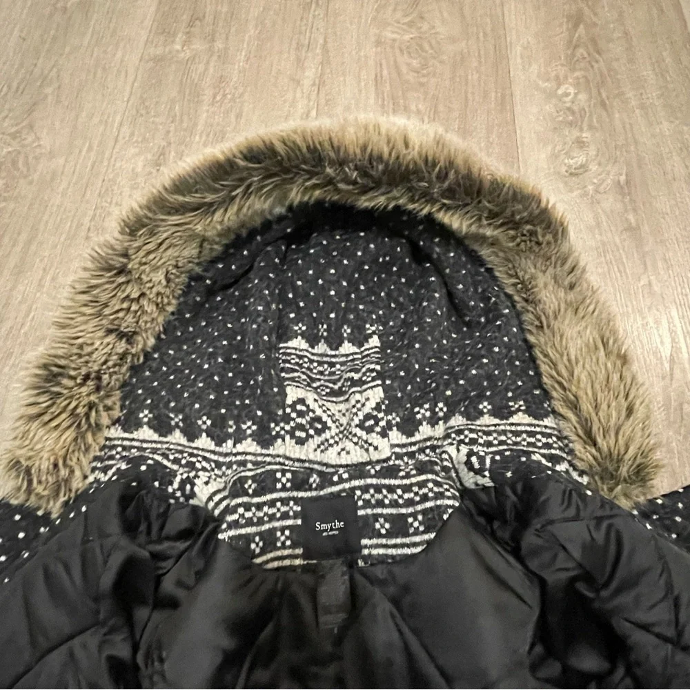 Smythe Fair Isle Fur Trim Hooded Duffle Coat in Dark Grey & Cream - Picture 11 of 11